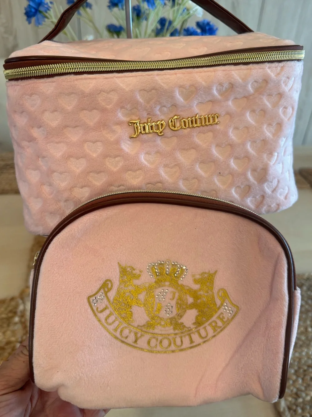 Authentic Juicy Couture Pink Velour Heart 2pc Train Case & Pouch Set NWOT